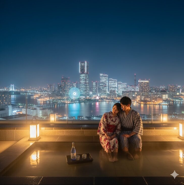 横浜みなとみらいの高層ビル群の美しい夜景を一望できる、万葉倶楽部横浜の屋上展望足湯庭園。ロマンチックな雰囲気と施設ならではの特典を表現。