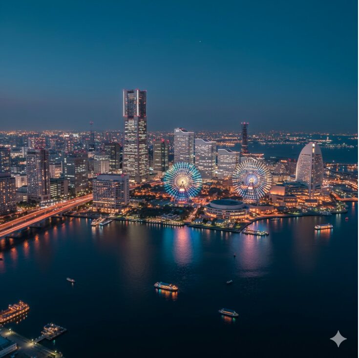 横浜みなとみらいエリアの象徴的な夜景をヘリコプターから空撮。ロマンチックなナイトクルージング体験。