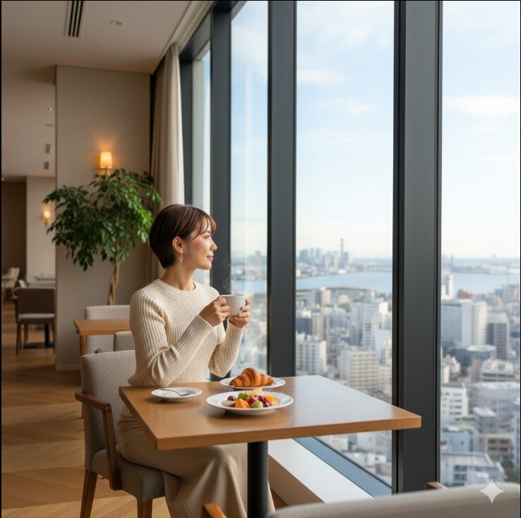 横浜フロントタワー最上階のカフェで、窓から横浜の街並みを一望しながら優雅にモーニングを楽しむ女性。