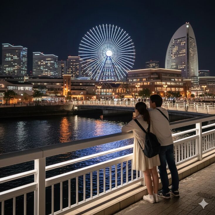 横浜ワールドポーターズとコスモワールドをつなぐ「国際橋」から、大観覧車「コスモクロック21」を間近に望む風景。