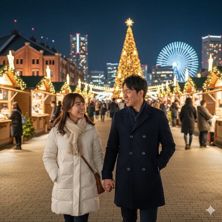 横浜赤レンガ倉庫のイルミネーションやクリスマスマーケットを散策する日本人カップル