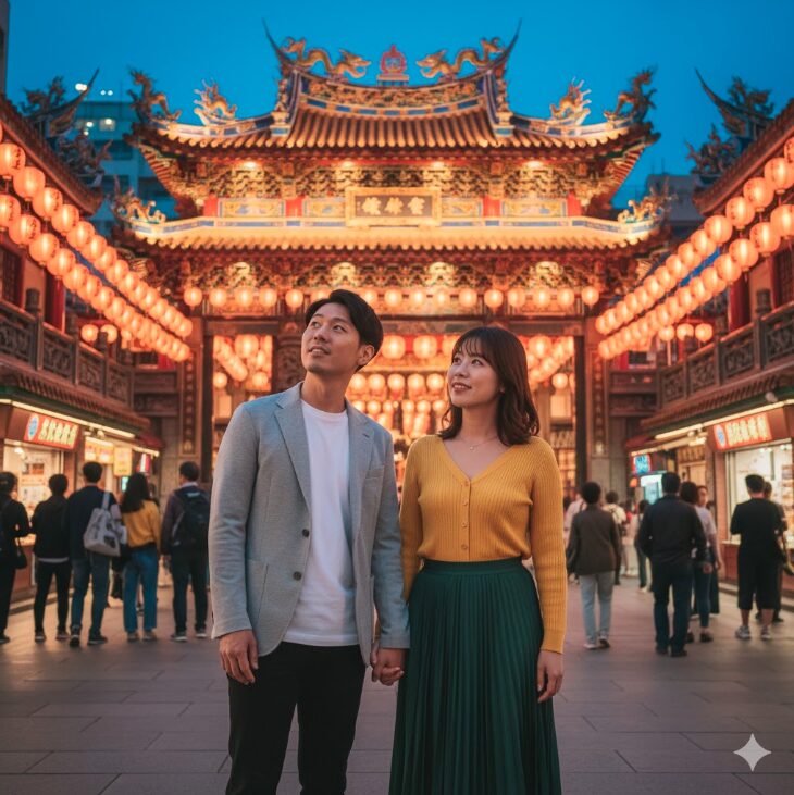 横浜関帝廟の前で、付き合う前のカップルが手をつなぎ、上を見上げている。