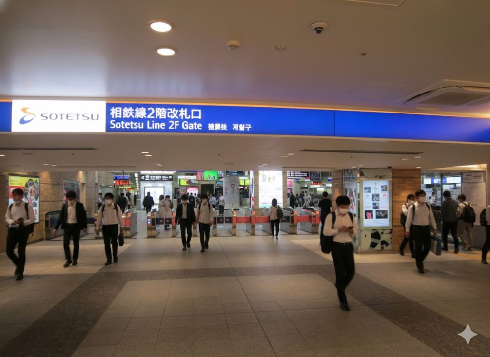 横浜駅の相鉄線改札コンコースの広角風