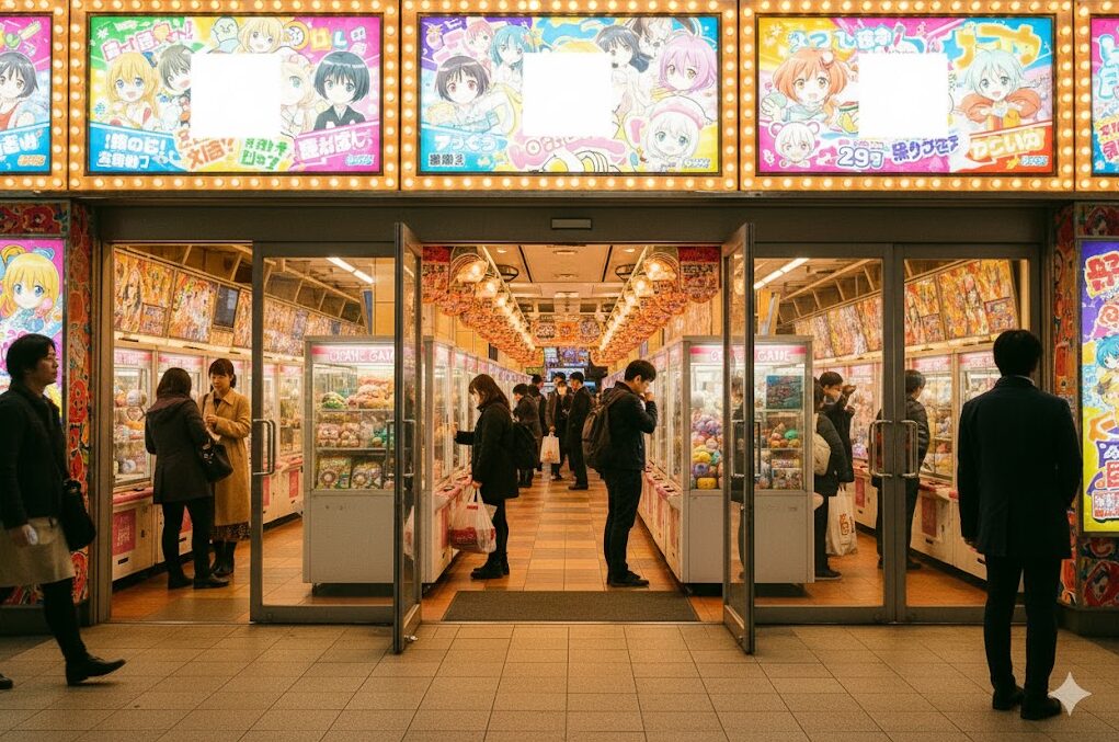 横浜駅の西口エリアにあるゲームセンターの賑やかな入り口とクレーンゲームの風景