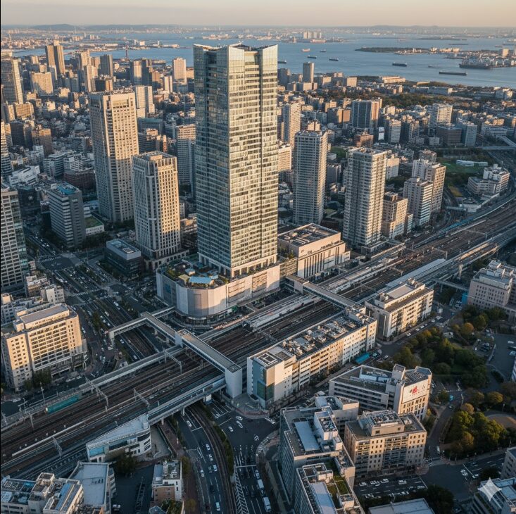 横浜駅直結の「THE YOKOHAMA FRONT（ザ ヨコハマ フロント）」を上空から捉えた俯瞰図。高層ビル群の中にそびえ立つタワーとその周辺の街並みが広がる。