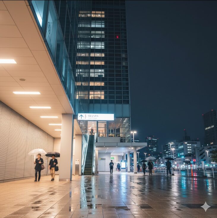 横浜駅直結のスカイビル（スカイスパYOKOHAMAが入居）と、雨に濡れずアクセスできる地下街の入り口付近を捉えた夜景。アクセスの利便性を強調。