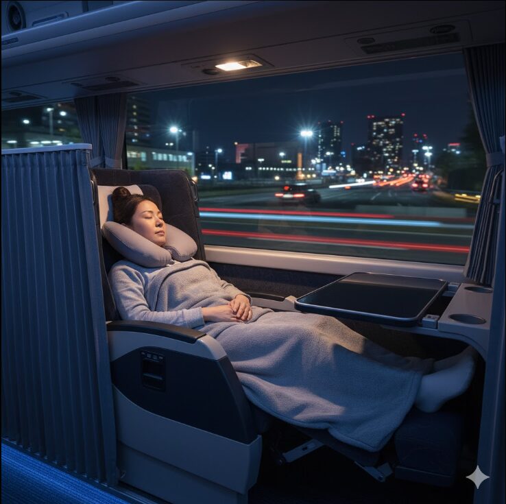 深くリクライニングして快適に休む日本人女性。