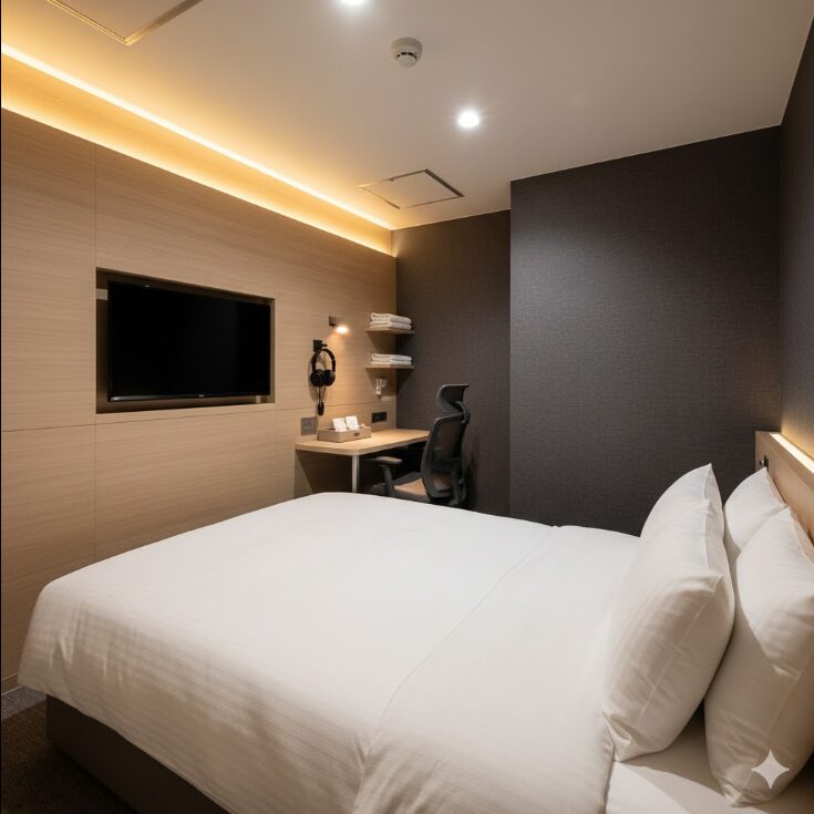 清潔感がありプライベートが確保された、スーパー銭湯やカプセルホテルの個室または準個室（プレミアムルームなど）の内部。女性やビジネス利用者が安心して過ごせる空間