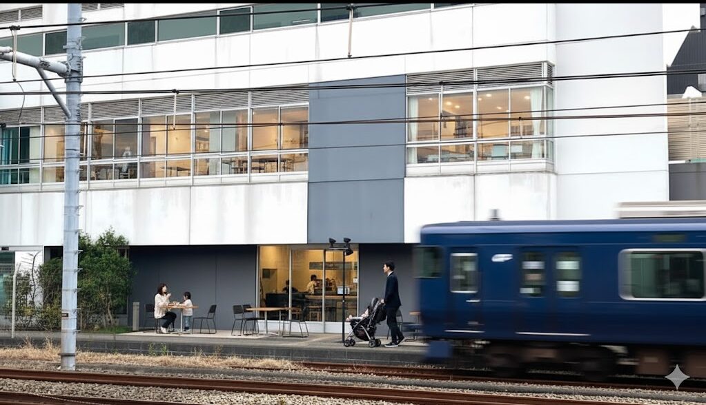 線路沿いに立つモダンなシャララカフェの建物