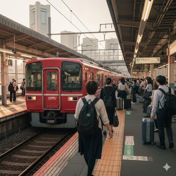 羽田空港から横浜駅へ向かう京急線の快速特急列車と横浜駅のプラットホーム
