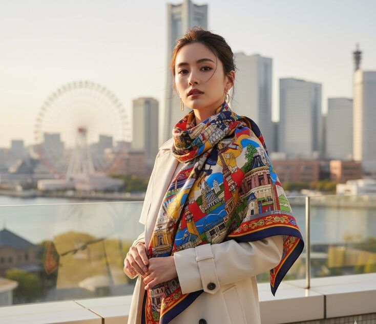 色鮮やかな「横浜スカーフ」を身につけた日本人の女性