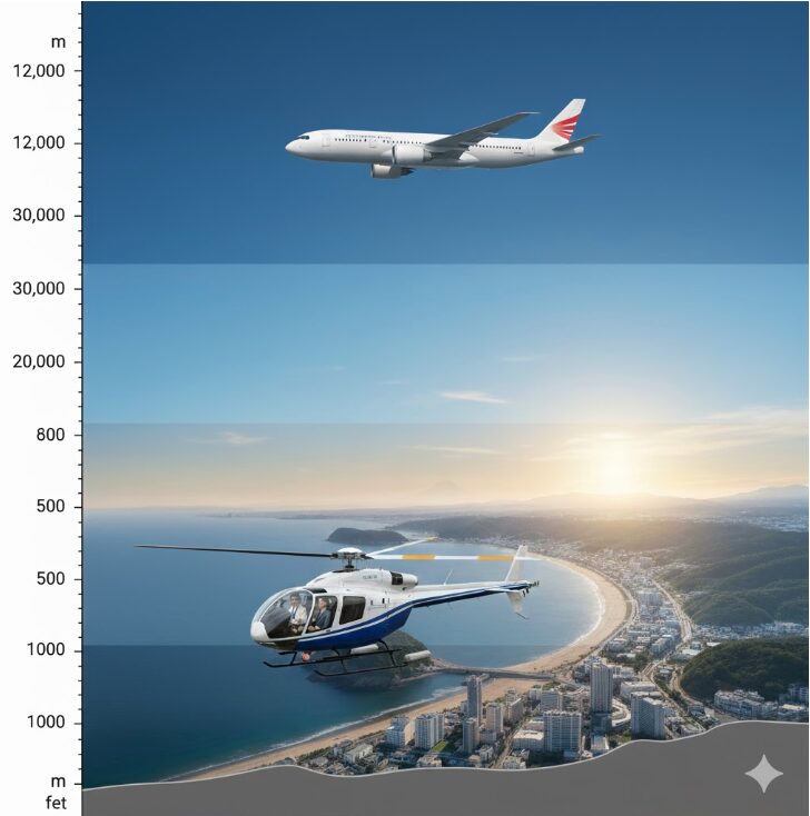 飛行高度の比較図。遊覧ヘリコプターと旅客機が異なる高度で飛行し、空域が分離されていることを示す安全性のイメージ。
