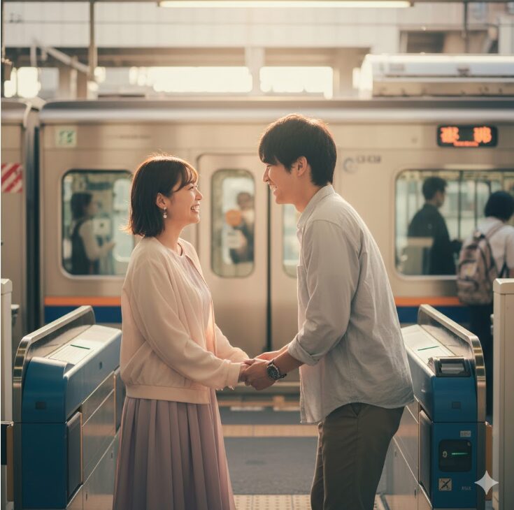 駅の改札で、デートの別れ際に男女が笑顔で手を取り合っている。