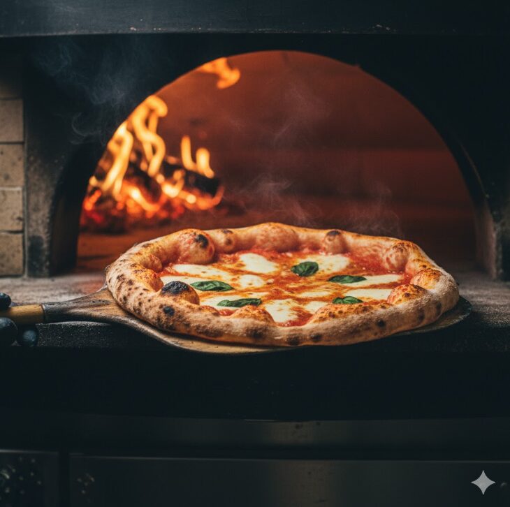 高温の窯で香ばしく焼き上げられた本格的なナポリピッツァ。縁がふっくらとしており、チーズがとろけている。