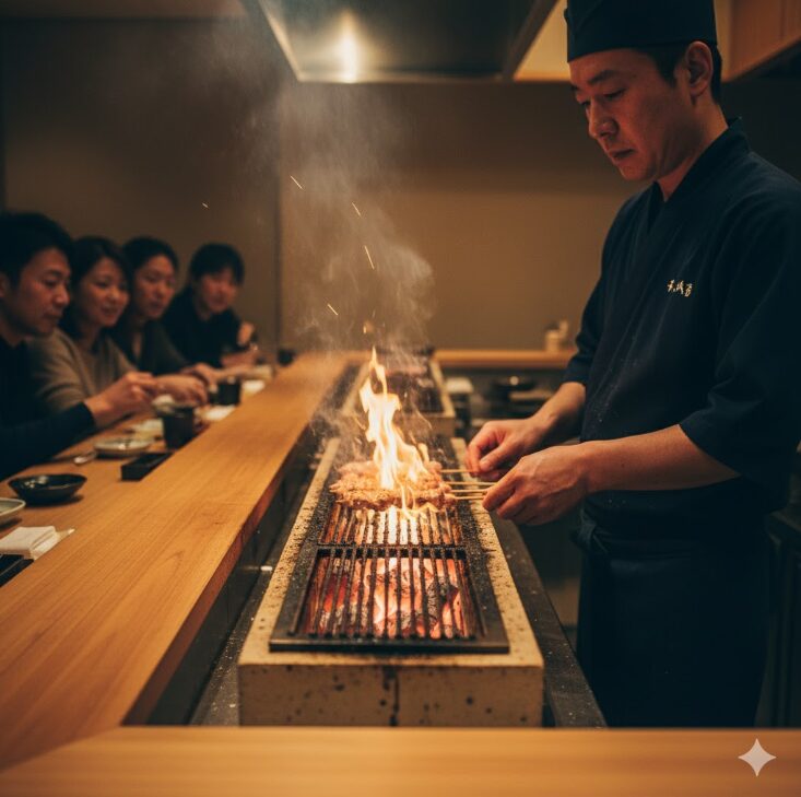 高級焼き鳥の名店で、職人が炭火で真剣に焼き鳥を焼いている様子のクローズアップ