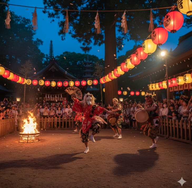 8月下旬の例大祭で奉納される、提灯の光の中で仮面をつけた演者が舞う伝統的な「里神楽」のダイナミックな様子