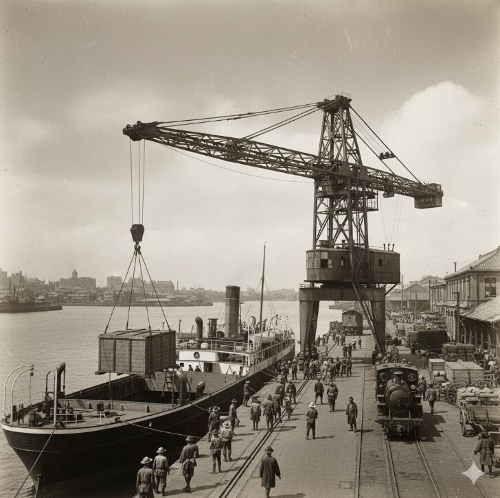 1914年、横浜港で貨物の積み下ろしをするハンマーヘッドクレーン。当時の人々が行き交い、蒸気船が停泊している。