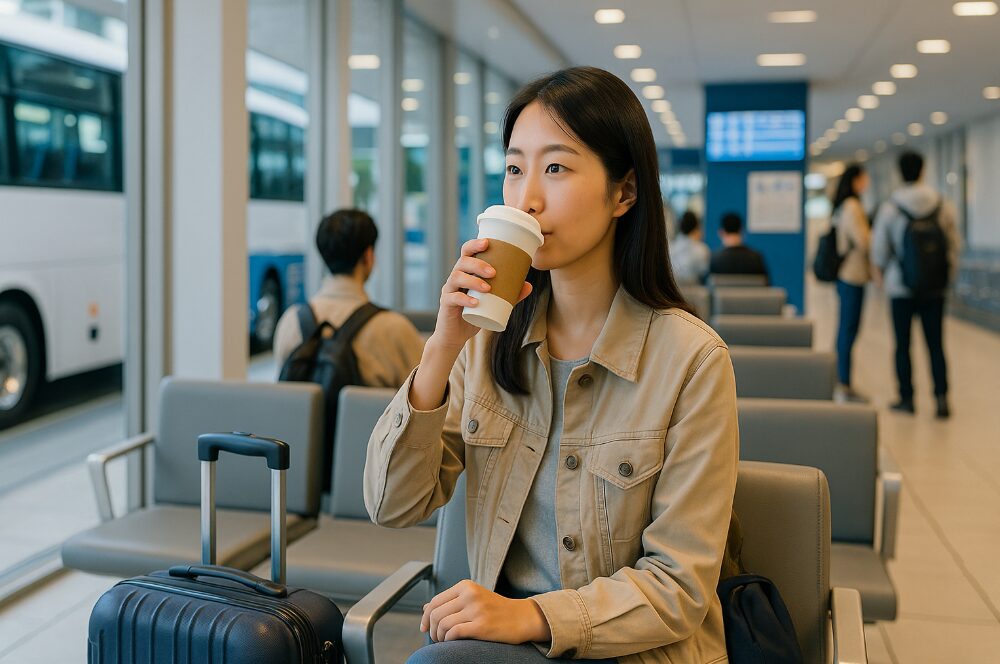 CATの待合室で早めに到着し、コーヒーを飲みながら余裕を持ってバスを待つ旅行客。
