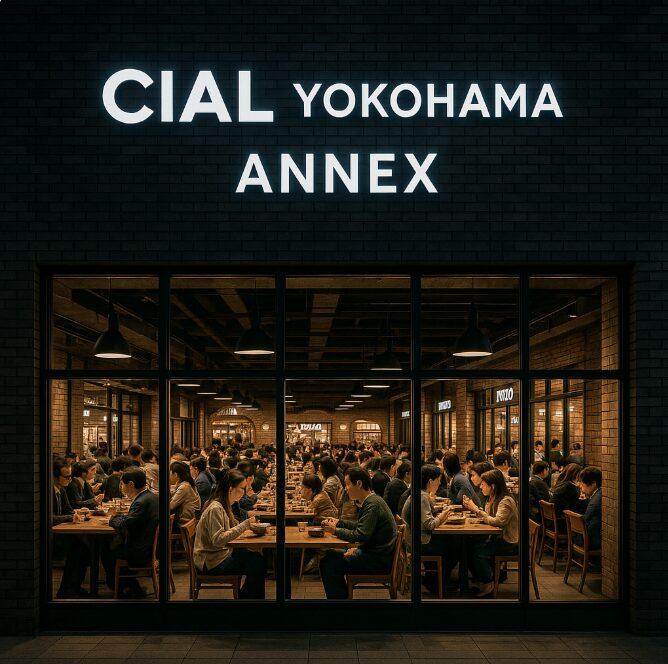 CIAL横浜 ANNEXの外観。窓から見える店内で人々が食事や談笑を楽しんでいる。