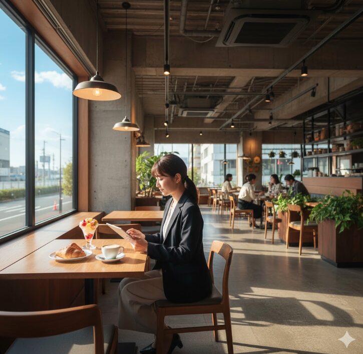 CIAL横浜 B1Fのカフェで、窓際の席に座りタブレットを見る日本人女性。モーニングセットが置かれている。