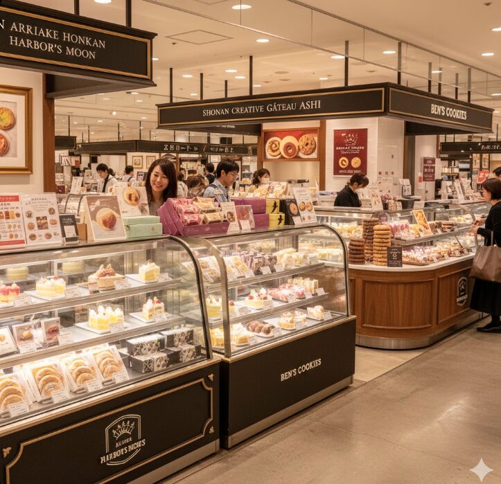 CIAL横浜 B1Fのスイーツ・手土産フロア。ショーケースに並んだ洋菓子やクッキーを見ている人々。