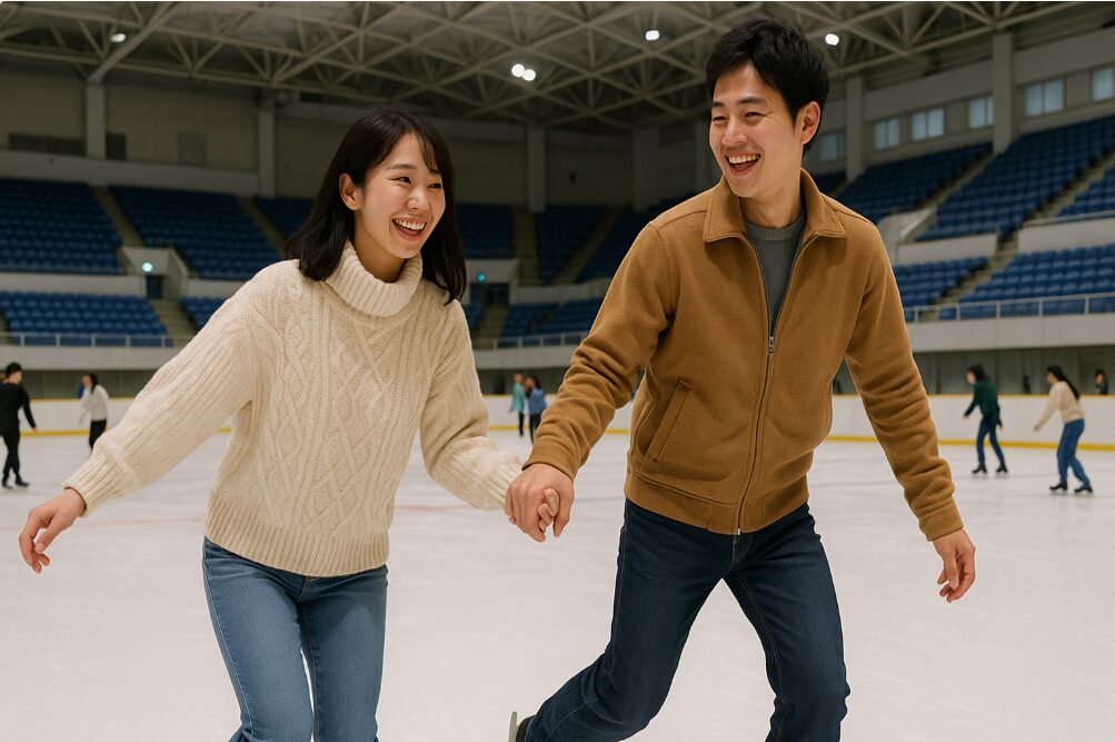 KOSE新横浜スケートセンターの広々としたリンクで、楽しそうにスケートをするカップルの様子。