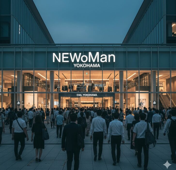 NEWoMan横浜の入り口。多くの人々が建物に向かって歩いている。