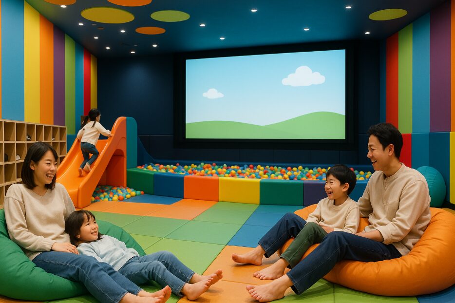 「109シネマズゆめが丘」のカラフルで楽しげな内装の「キッズシネマ」で、靴を脱いでくつろぐ日本人の親子連れ