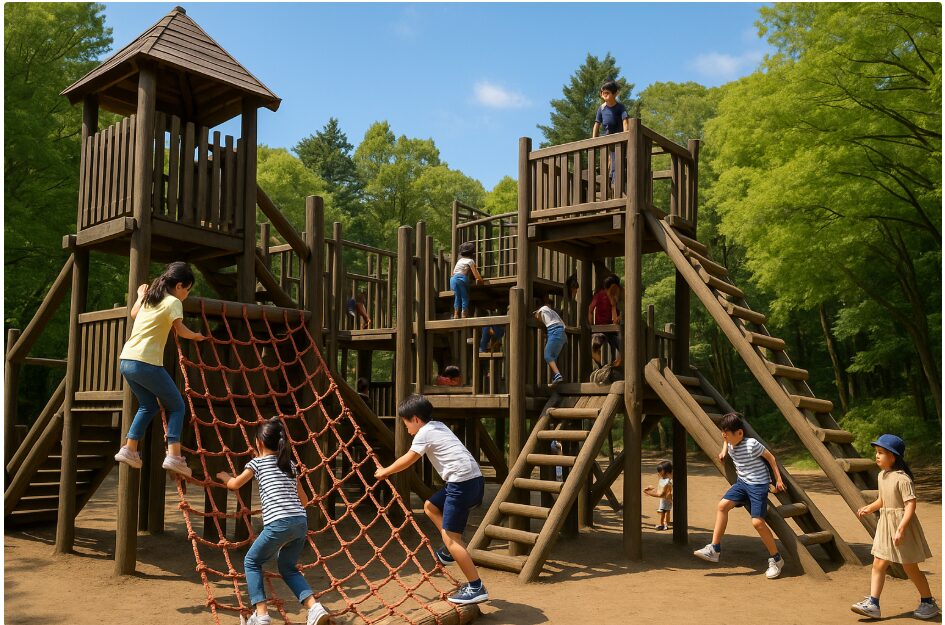 「こども自然公園」内の、小学生が体を使って思い切り遊べる巨大なアスレチック遊具「とりでの森
