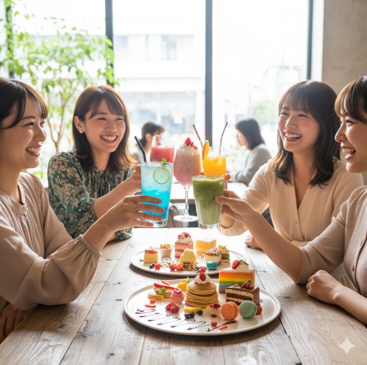 おしゃれなカフェで、華やかなデザートプレートとカラフルなドリンクを囲み、笑顔で乾杯する日本人女性グループ。