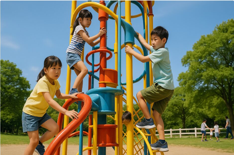 こどもの国にある「ジャックとまめのき」を思わせる、複雑で登るのが難しそうなカラフルな大型遊具。