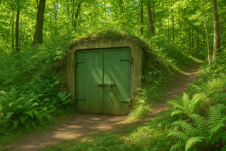 こどもの国の森の中に静かに残る、緑色の重い鉄扉で閉ざされた旧陸軍の弾薬庫跡