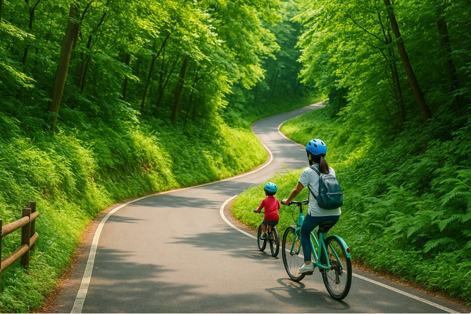 こどもの国の森の中を通る、急な坂道とカーブがある上級者向けサイクリングコース。