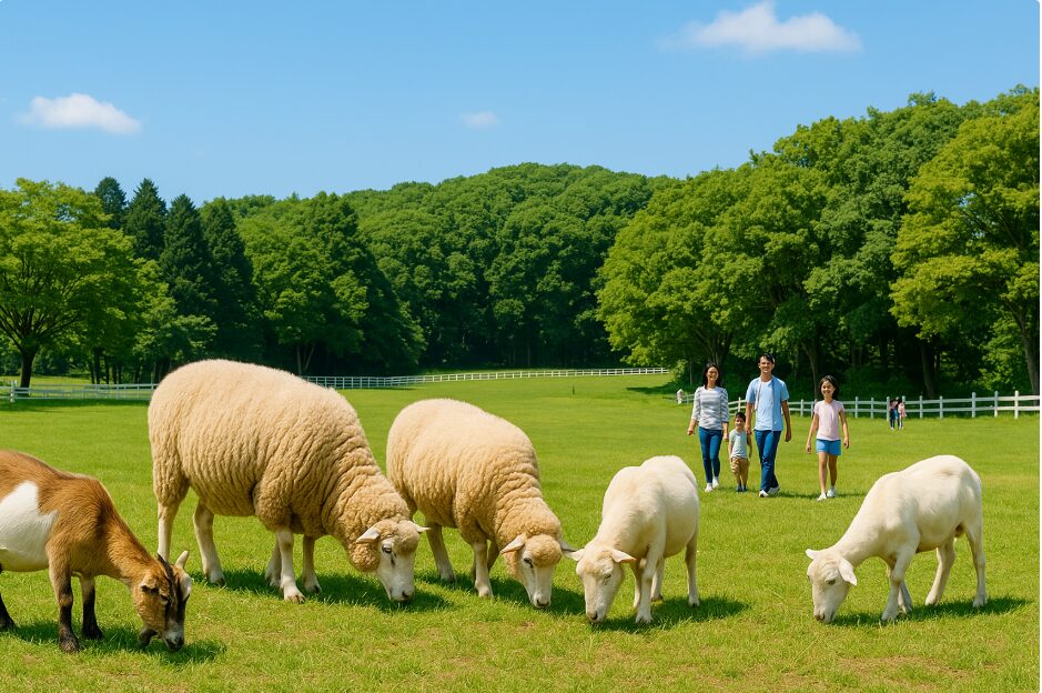 こどもの国牧場の広大な牧草地で、ヒツジたちがのんびりと草を食む平和な風景。