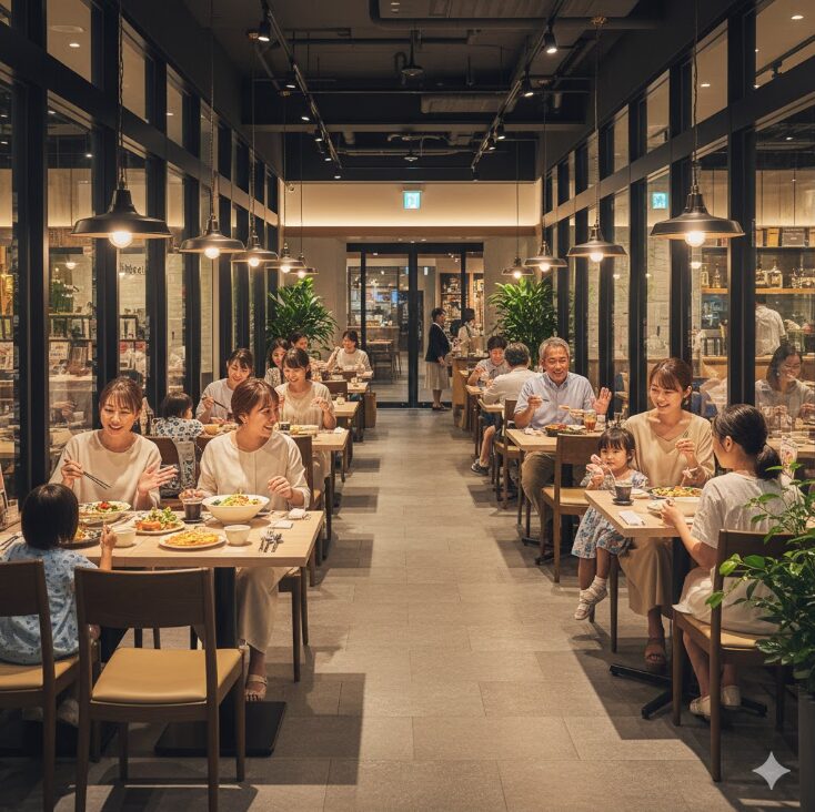 ゆめが丘ソラトス1階のレストラン街「SORATOS DINING」で、夜に食事を楽しむ複数の日本人家族