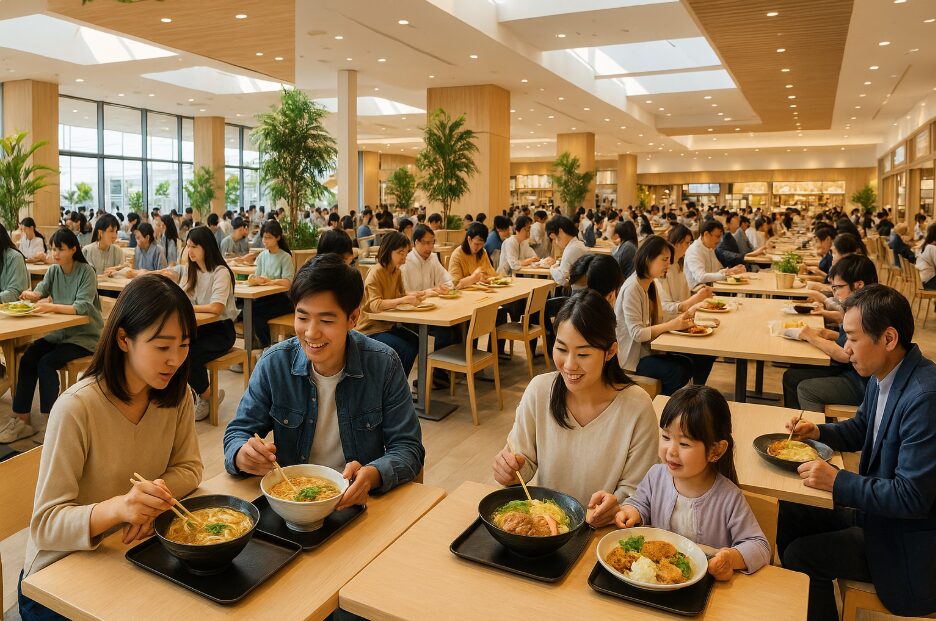 ゆめが丘ソラトス3階の明るく広々としたフードコート「FOOD STATION」で、ランチタイムに食事をする多くの人々2