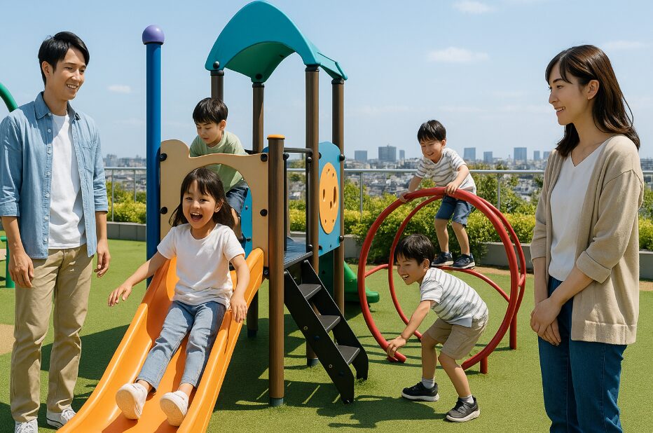 ゆめが丘ソラトスの屋上公園「そうにゃんぱーく」で、日中に遊具で楽しそうに遊ぶ日本人の子供たちと見守る親