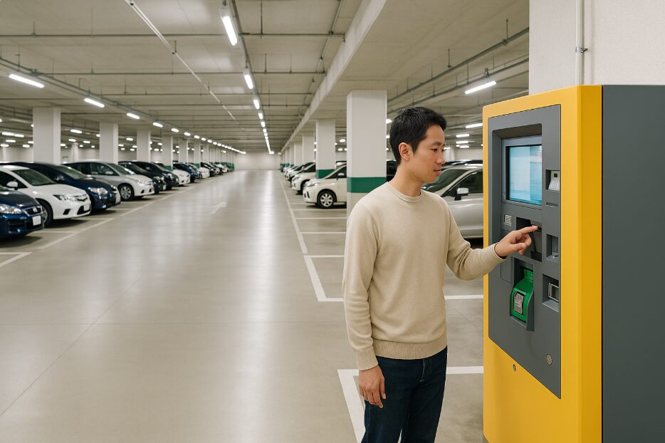 ゆめが丘ソラトスの広大で明るい地下駐車場と、駐車料金の精算機を操作する日本人のドライバー