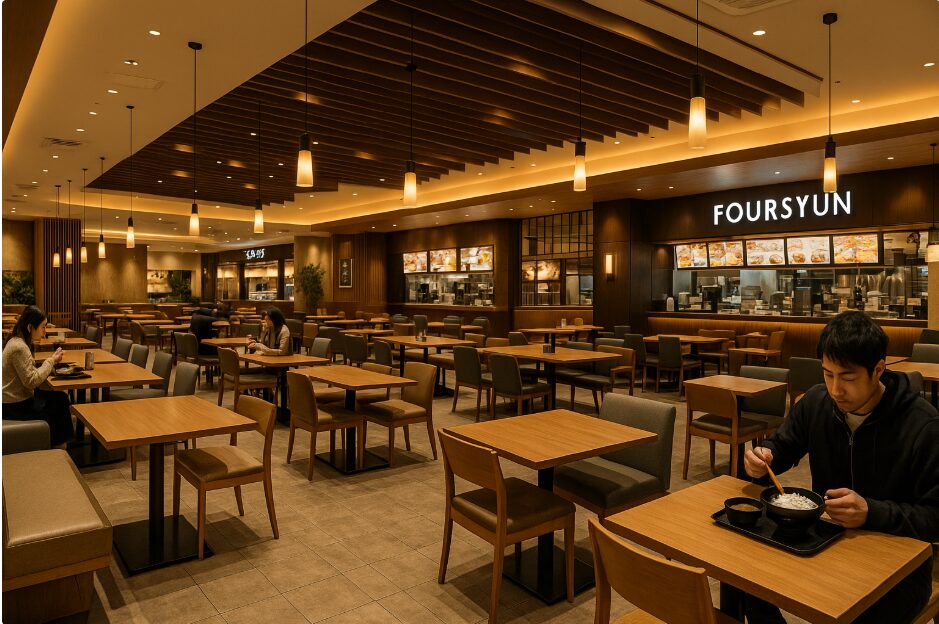 ららぽーと横浜のフードコート「FOURSYUN」の、まるでレストラン街のようにシックで落ち着いた内観