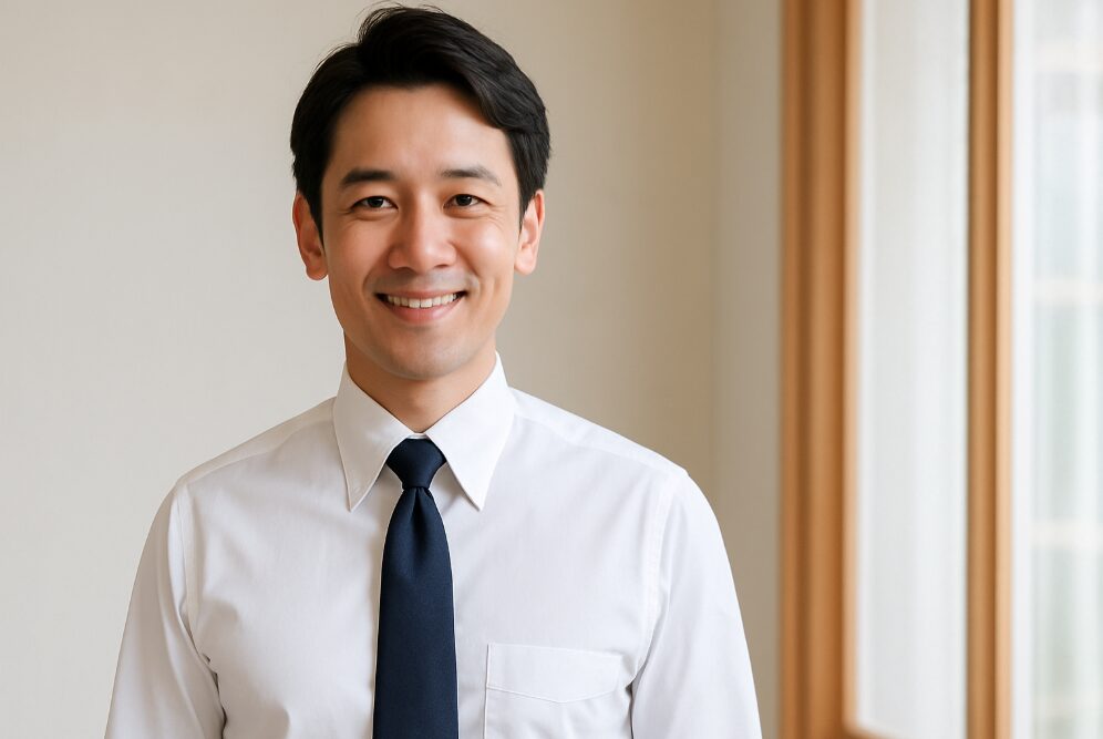 アイロン不要の「パルパー（J-TECH EASY CARE）」シャツを着用し、シワなく着こなす日本人ビジネスマン。