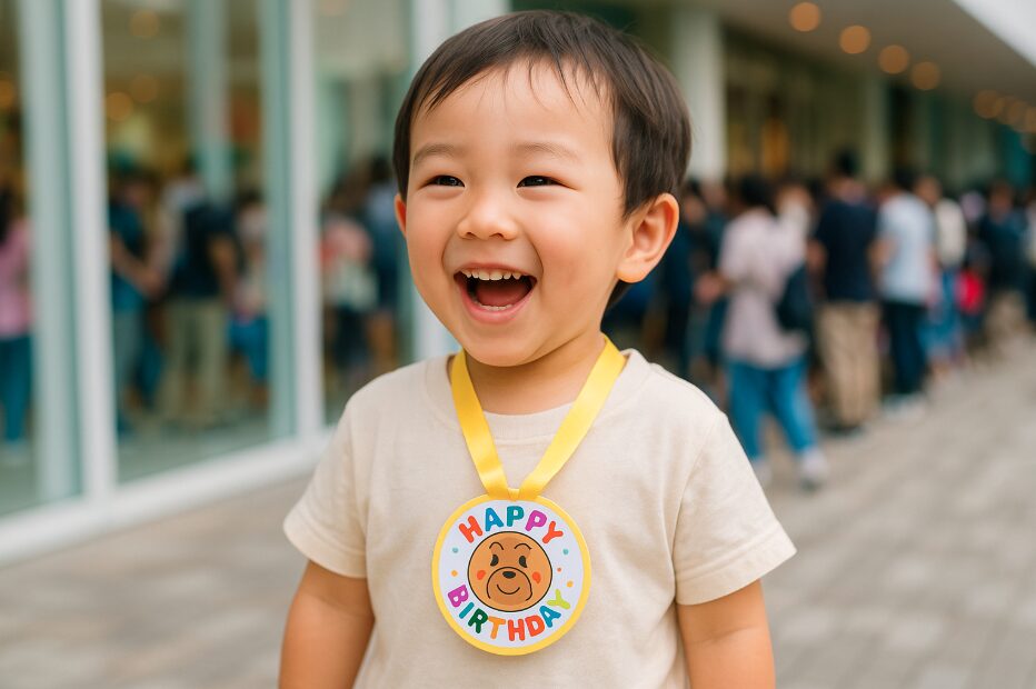 アンパンマンミュージアムで無料のバースデーメダルを首にかけて喜んでいる子供