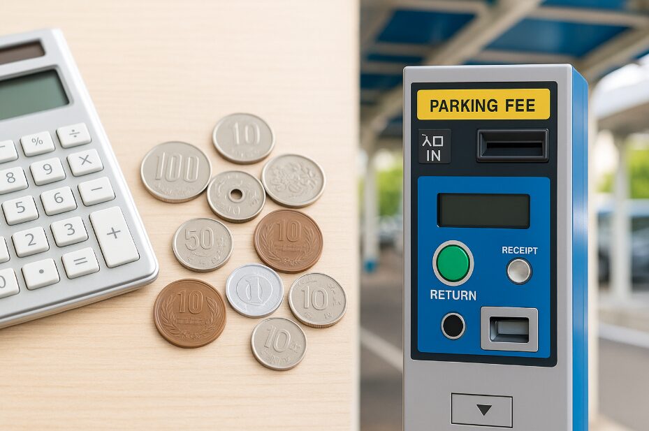 アンパンマンミュージアムの節約術をイメージさせる電卓と日本の硬貨、駐車場の精算機