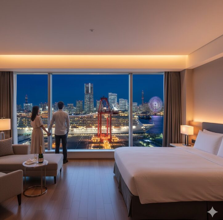 インターコンチネンタル横浜Pier 8の客室から、夜景を眺めるカップル。窓の外にはライトアップされたクレーン、クルーズ船、みなとみらいのビル群が見える。