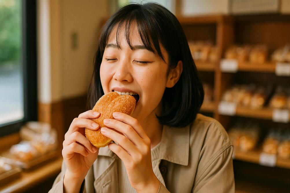 オギノパンの工場直売店で、揚げたてのあげぱんを美味しそうに頬張る人物。