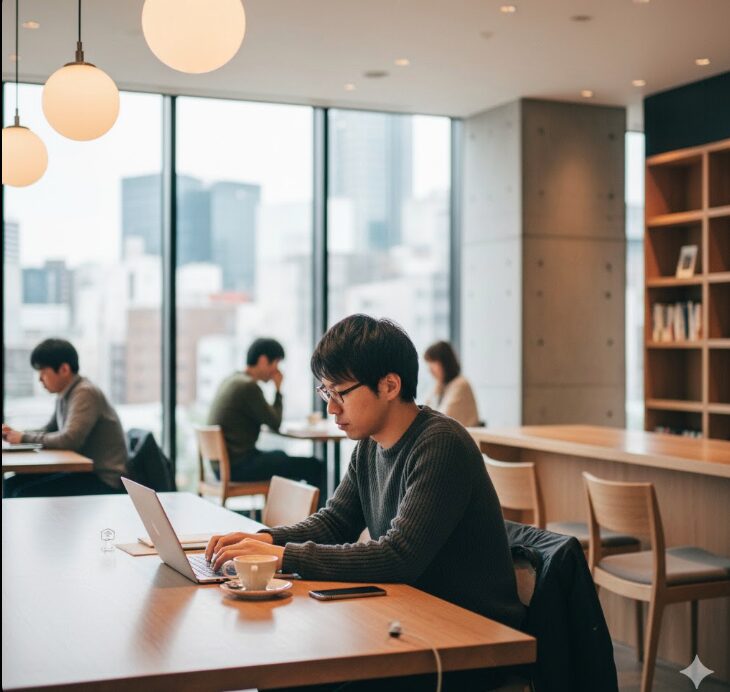 カフェでパソコンを開いて仕事をする男性。窓からは都会の景色が見え、落ち着いた雰囲気の中で集中している様子。