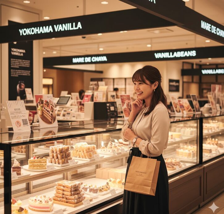 キュービックプラザ3階の華やかなスイーツフロアで、日本人女性が様々な専門店の美しいショーケースを見ながら楽しそうにお土産を選んでいる。