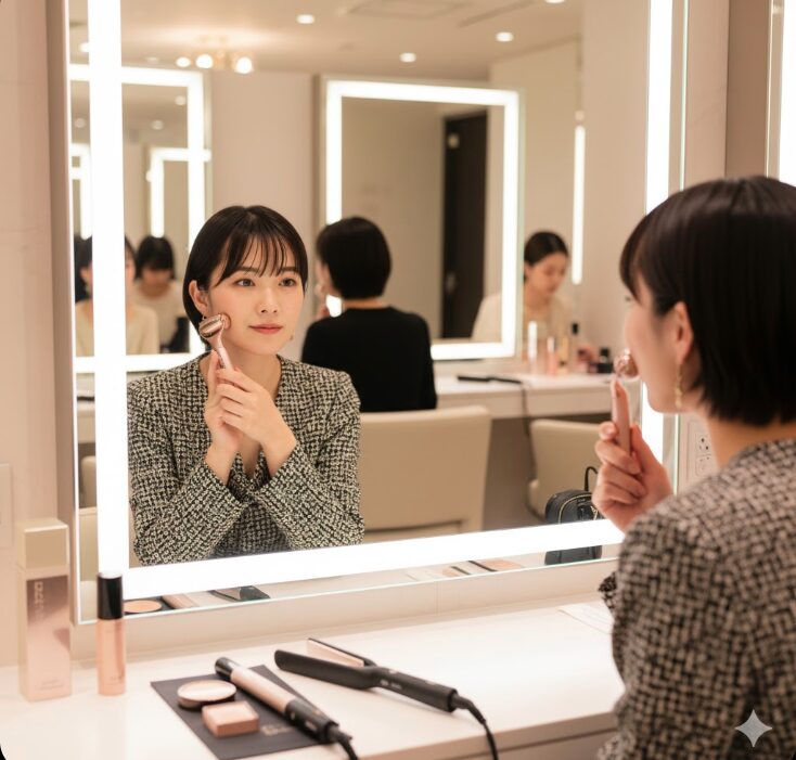 キュービックプラザ内にある「加瀬のパウダーラウンジ」で、リファなどの高級美容機器を使って化粧直しをする女性。