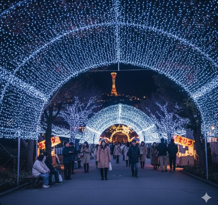 サムエル・コッキング苑の入り口前、亀ヶ岡広場（ホウセキ広場）の頭上に広がる、無料で楽しめる美しいイルミネーション。