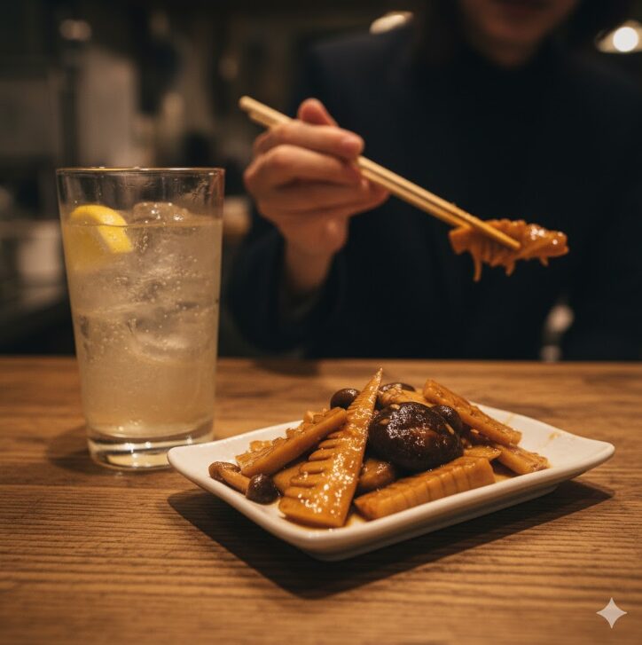 シウマイ弁当の名脇役である「筍煮」の単品（おつまみ）とハイボールが写ったクローズアップ写真。ちょい飲みに最適な組み合わせ。