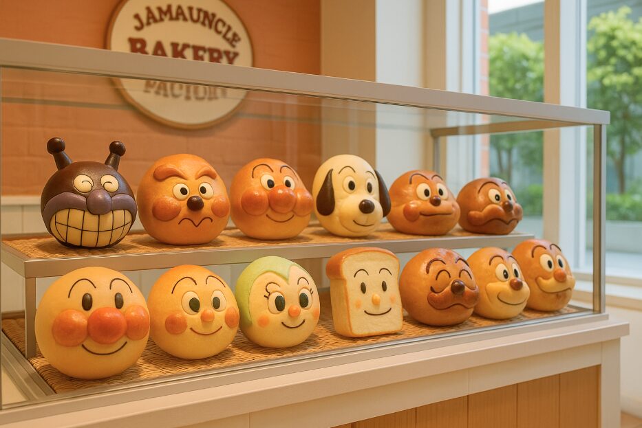 ジャムおじさんのパン工場のショーケースに並んだアンパンマンや仲間たちのキャラクターパン